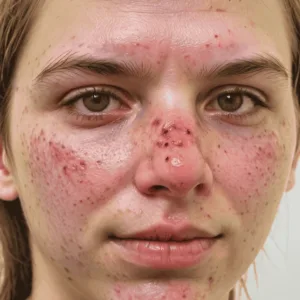 A girl with acne on face & nose