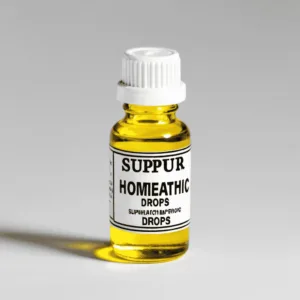 A bottle of Sulphur-Homeopathic Drops used in acne treatment for oily skin